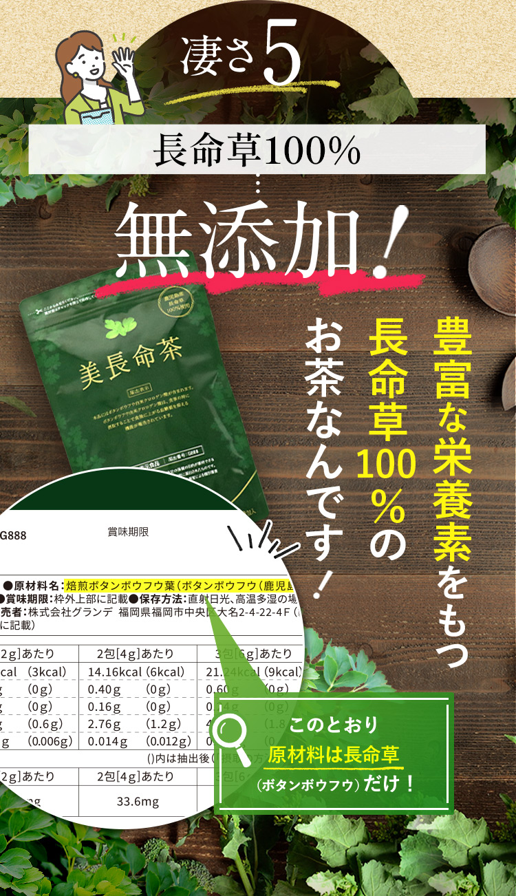 凄さ5.長命草100%無添加！豊富な栄養素をもつ長命草100%のお茶なんです！このとおり原材料は長命草（ボタンボウフウ）だけ！