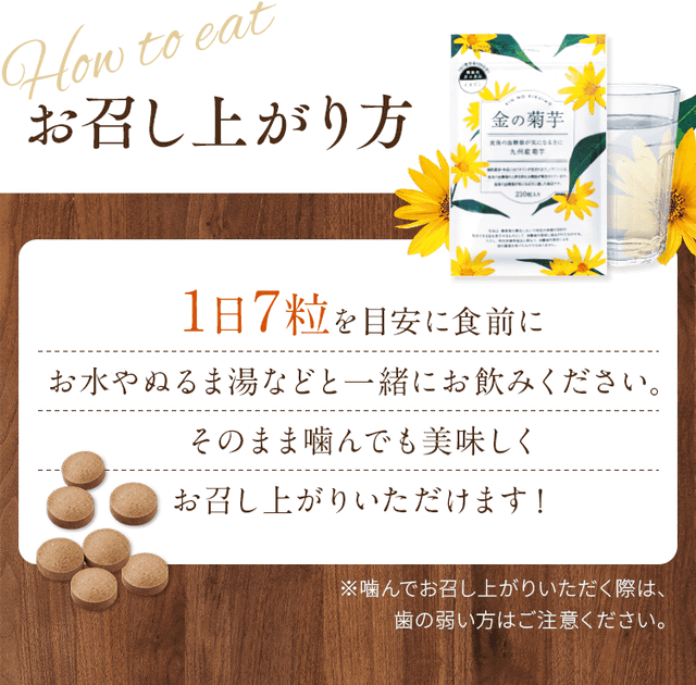 1日7粒を目安に食前にお水やぬるま湯などと一緒にお飲みください。